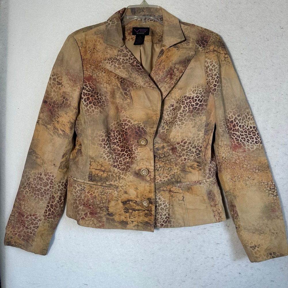 VS2 by Vakko Women 12 Brown Animal Print Leather Blazer Jacket Coat mobwife